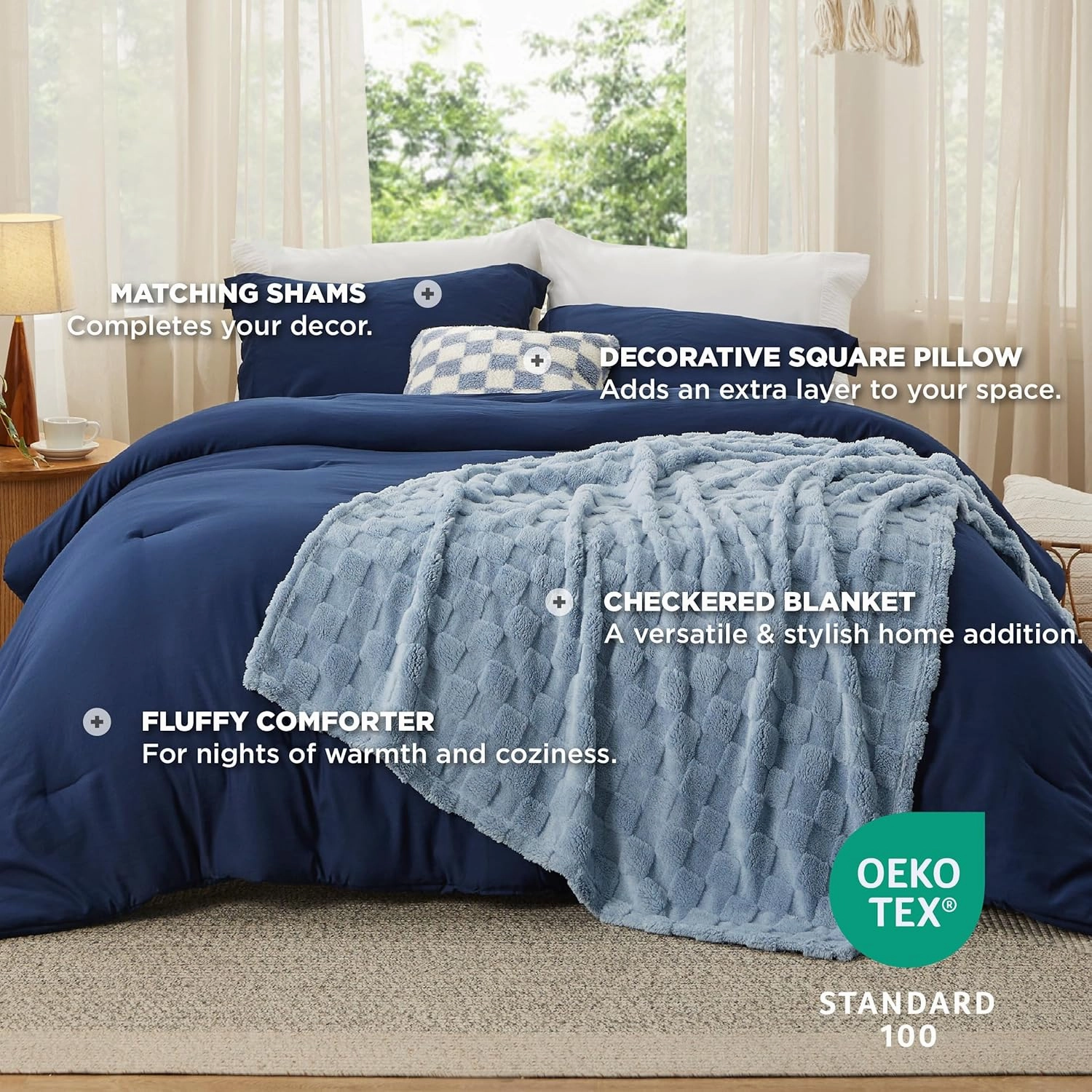 Bedsure King Comforter Set 5 Pieces - Bed in a Bag with Checkered Throw Blanket and Decorative Pillow, Lightweight Bedding Comforter Sets, All Season Boho Bedding, Navy Blue
