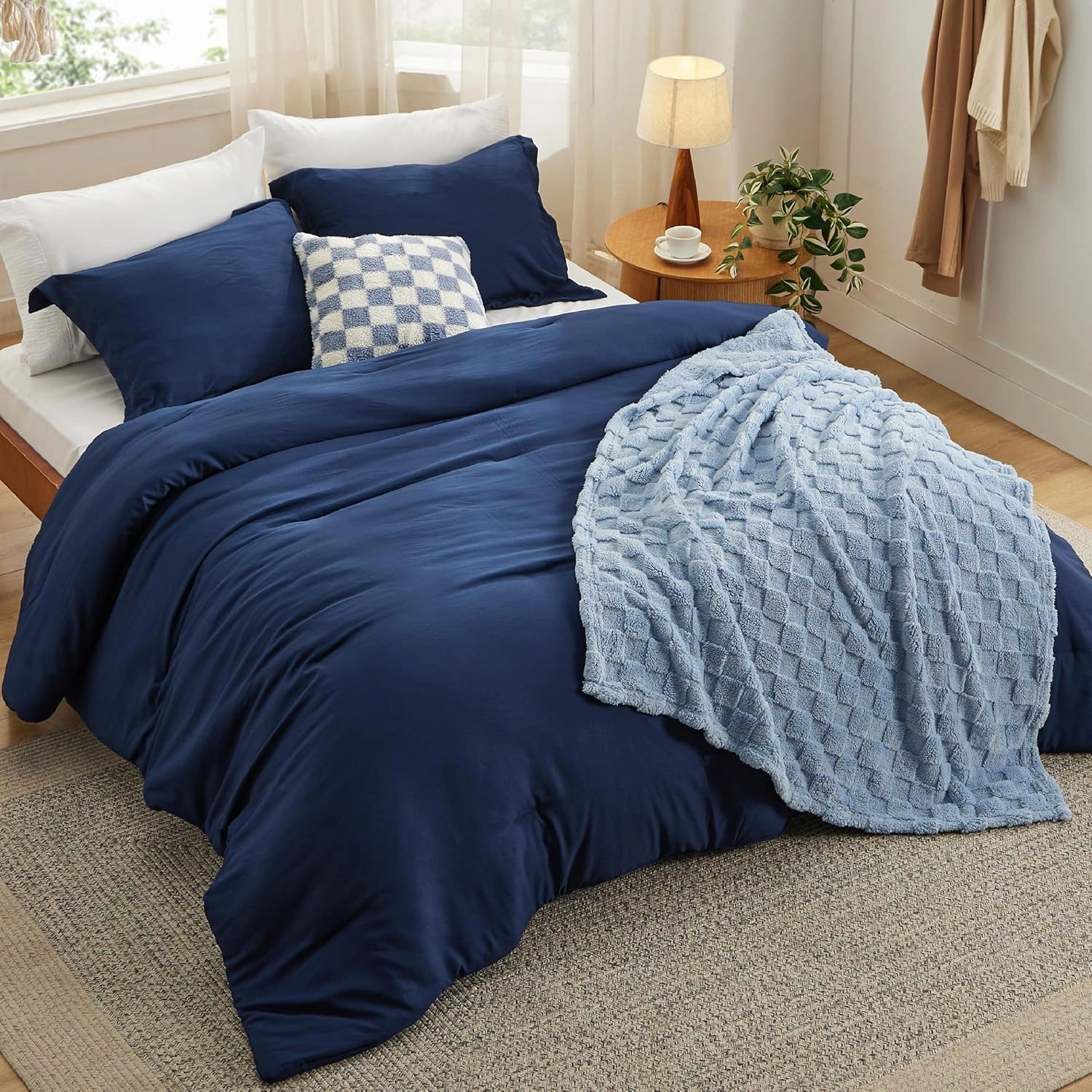 Bedsure King Comforter Set 5 Pieces - Bed in a Bag with Checkered Throw Blanket and Decorative Pillow, Lightweight Bedding Comforter Sets, All Season Boho Bedding, Navy Blue