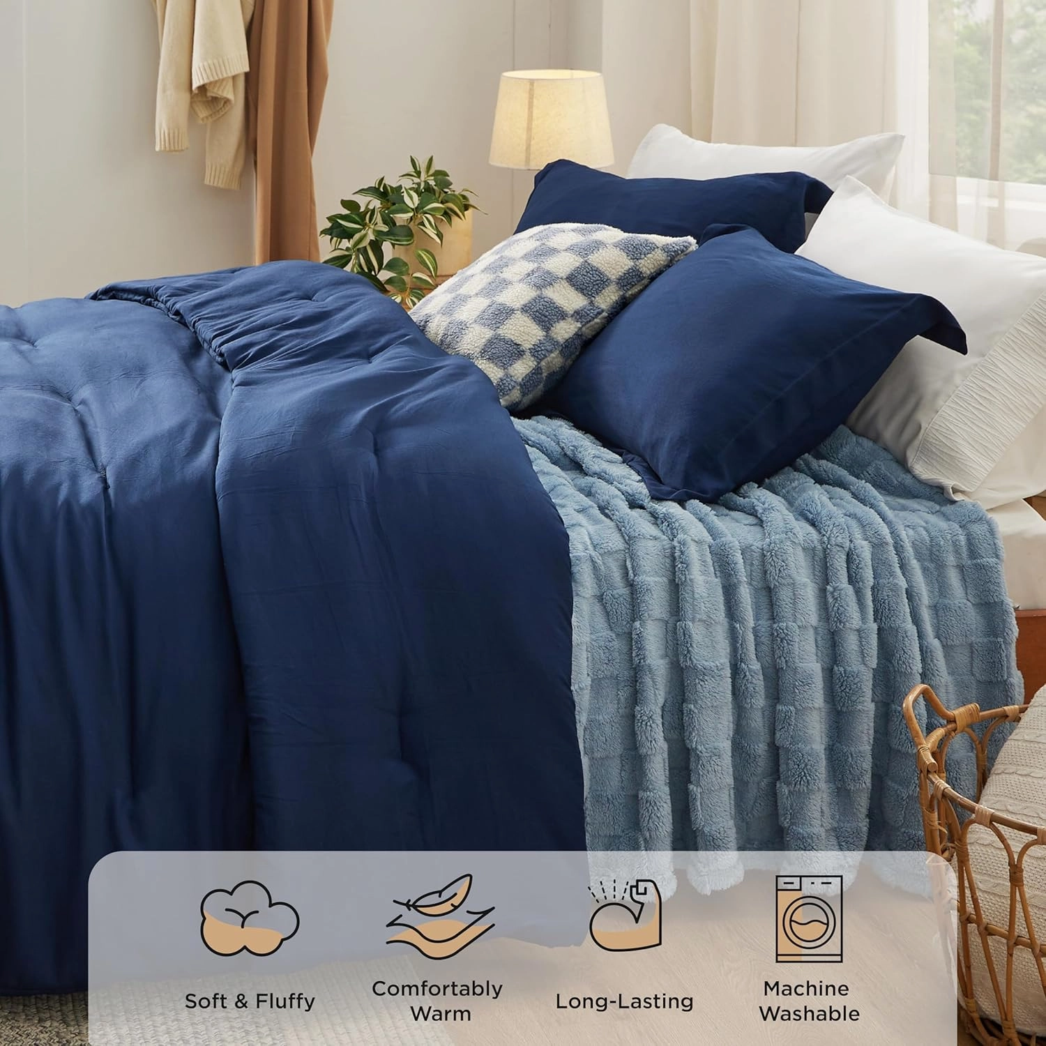 Bedsure King Comforter Set 5 Pieces - Bed in a Bag with Checkered Throw Blanket and Decorative Pillow, Lightweight Bedding Comforter Sets, All Season Boho Bedding, Navy Blue