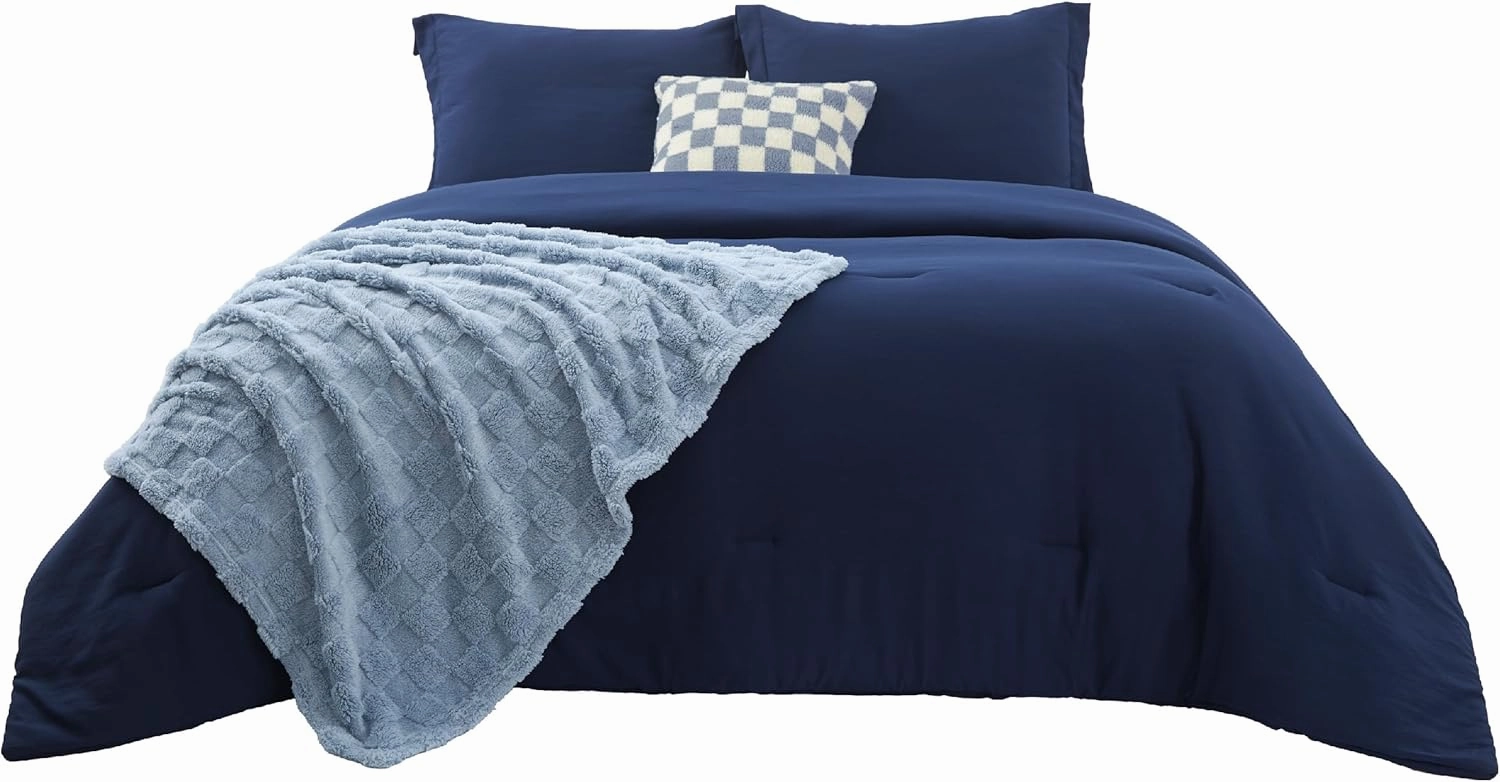 Bedsure King Comforter Set 5 Pieces - Bed in a Bag with Checkered Throw Blanket and Decorative Pillow, Lightweight Bedding Comforter Sets, All Season Boho Bedding, Navy Blue