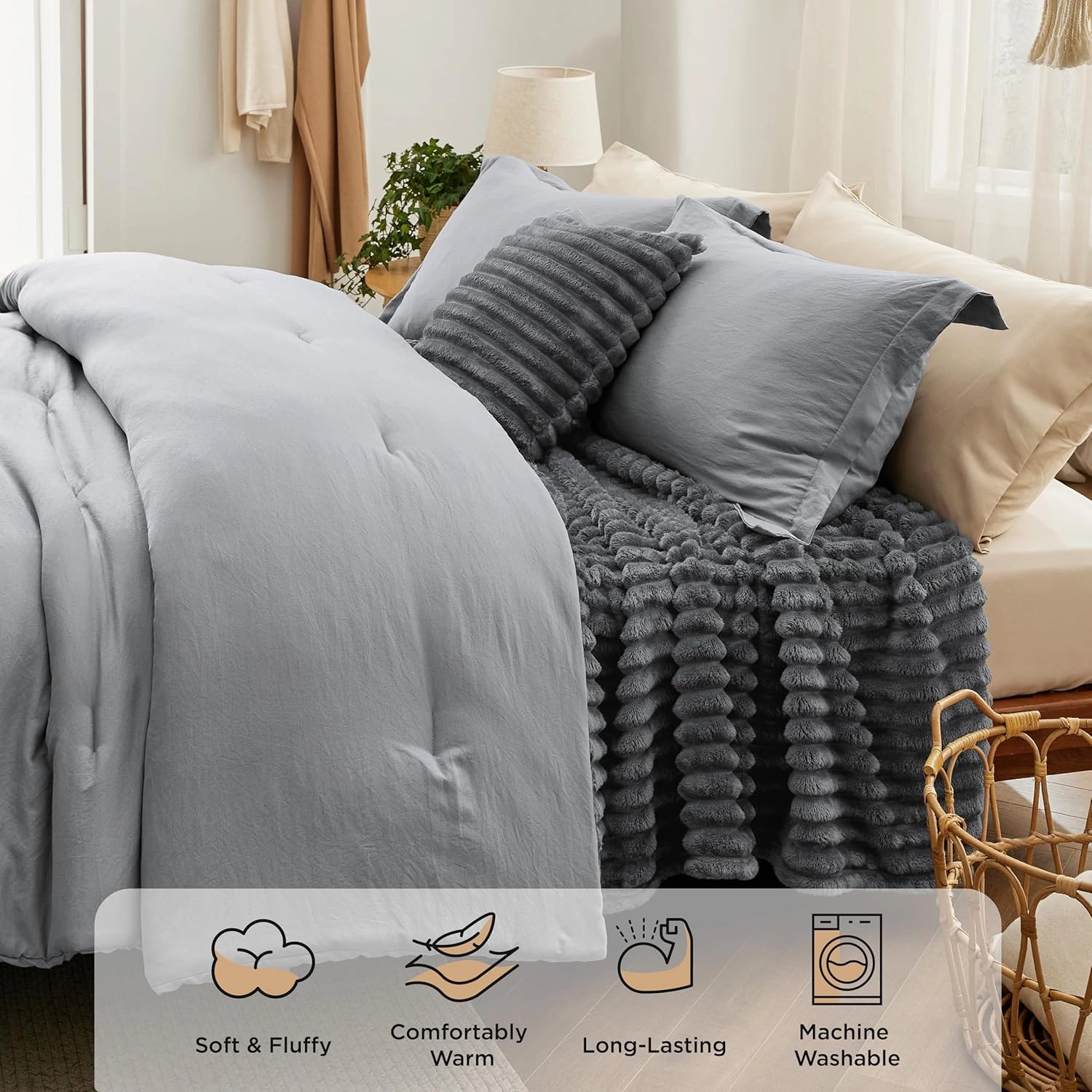 Bedsure Queen Comforter Set 5 Pieces - Bed in a Bag with Fleece Throw Blanket and Decorative Pillow, Lightweight Bedding Comforter Sets, All Season Bedding, Dark Grey