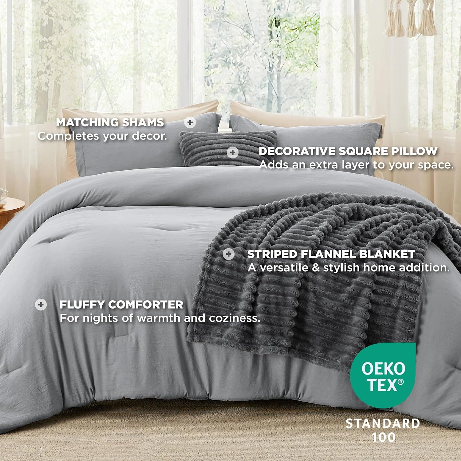 Bedsure Queen Comforter Set 5 Pieces - Bed in a Bag with Fleece Throw Blanket and Decorative Pillow, Lightweight Bedding Comforter Sets, All Season Bedding, Dark Grey