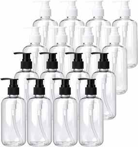 Bekith 16 Pack Empty Lotion Bottles with Black and White Pumps, 8oz Plastic Clear Round Bottles Containers for Creams, Hand Soap, Body Wash