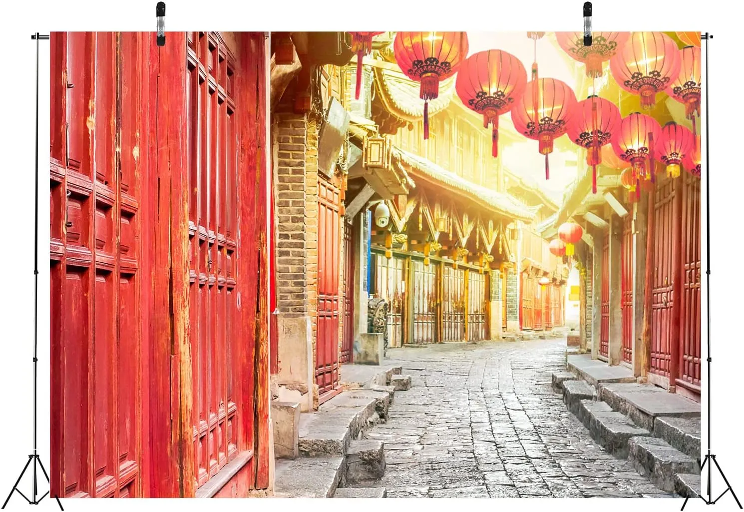 BELECO 10x8ft Fabric Chinese Old Town Backdrop Red Doors Red Lanterns Stone Alley Background for Chinese New Year Decoration Spring Festival Celebration Kids Adults China Travel Photo Studio Props