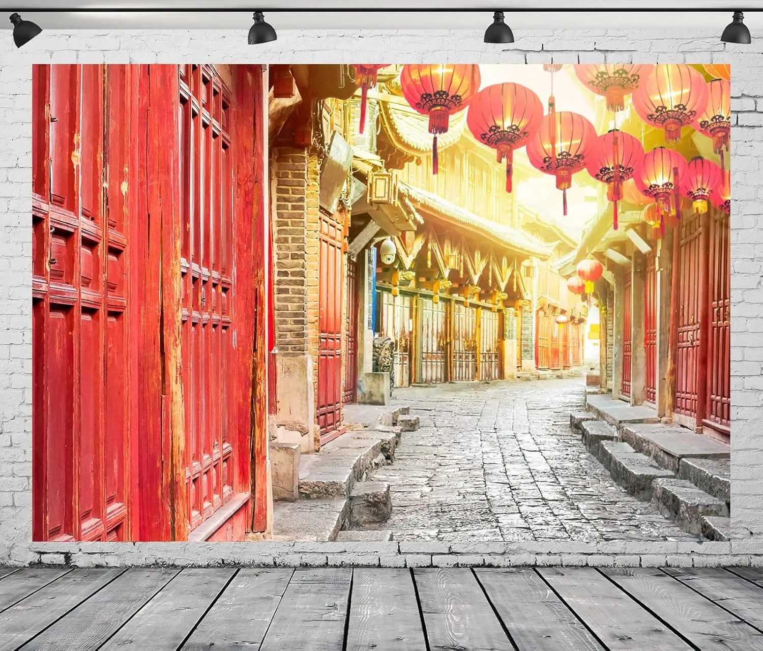 BELECO 10x8ft Fabric Chinese Old Town Backdrop Red Doors Red Lanterns Stone Alley Background for Chinese New Year Decoration Spring Festival Celebration Kids Adults China Travel Photo Studio Props