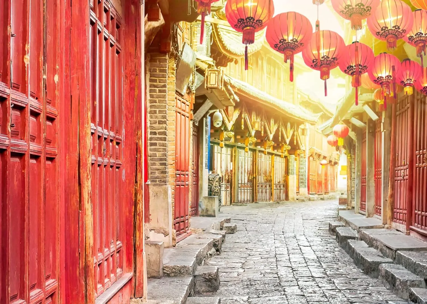 BELECO 10x8ft Fabric Chinese Old Town Backdrop Red Doors Red Lanterns Stone Alley Background for Chinese New Year Decoration Spring Festival Celebration Kids Adults China Travel Photo Studio Props
