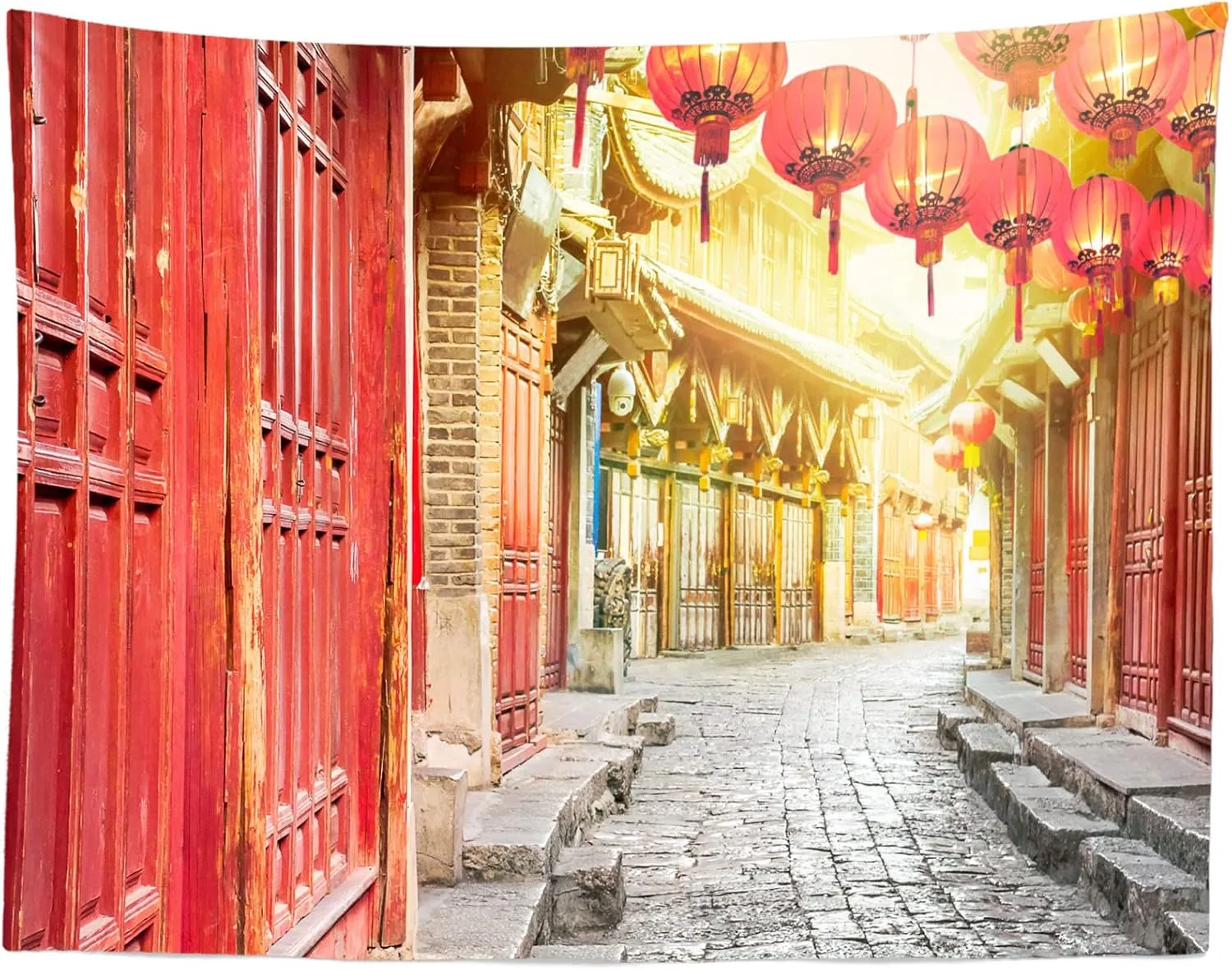 BELECO 10x8ft Fabric Chinese Old Town Backdrop Red Doors Red Lanterns Stone Alley Background for Chinese New Year Decoration Spring Festival Celebration Kids Adults China Travel Photo Studio Props