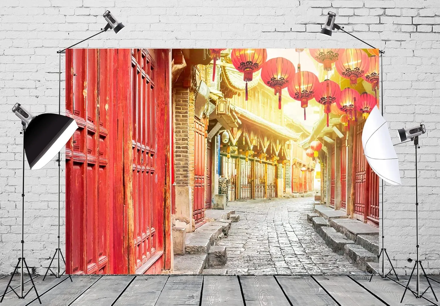BELECO 10x8ft Fabric Chinese Old Town Backdrop Red Doors Red Lanterns Stone Alley Background for Chinese New Year Decoration Spring Festival Celebration Kids Adults China Travel Photo Studio Props