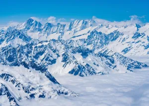 BELECO 12x10ft Fabric Winter Snow Mountains and Lake Photography Backdrop Alps Snow Ice Mountain Alpine Landscape Blue Sky White Clouds Background Outdoor Adventure Travel Portrait Photo Props