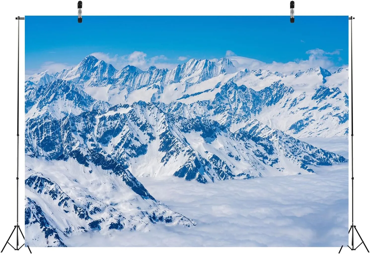 BELECO 12x10ft Fabric Winter Snow Mountains and Lake Photography Backdrop Alps Snow Ice Mountain Alpine Landscape Blue Sky White Clouds Background Outdoor Adventure Travel Portrait Photo Props