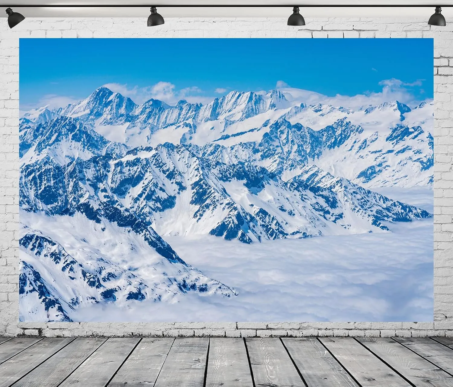 BELECO 12x10ft Fabric Winter Snow Mountains and Lake Photography Backdrop Alps Snow Ice Mountain Alpine Landscape Blue Sky White Clouds Background Outdoor Adventure Travel Portrait Photo Props