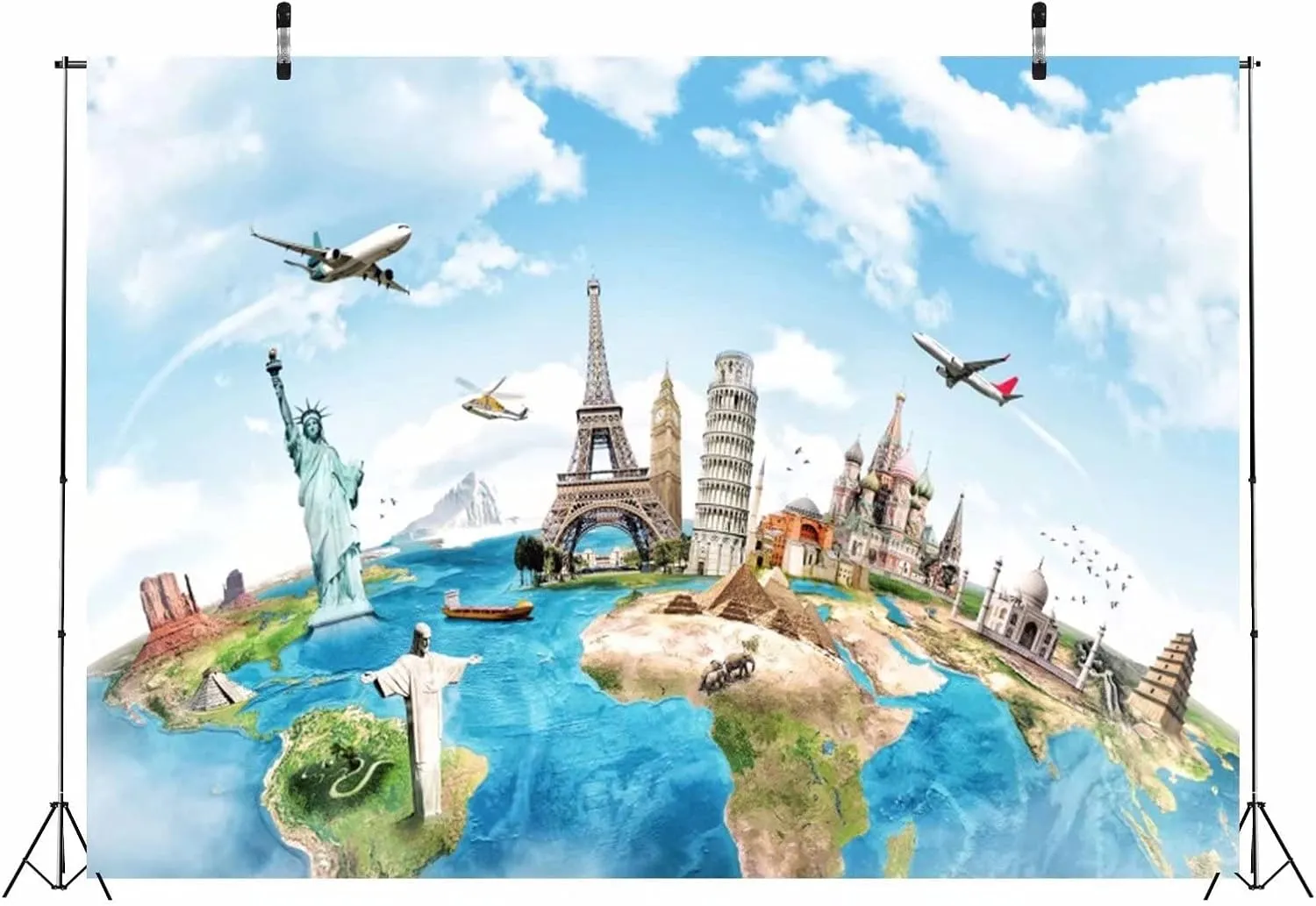 BELECO 7x5ft Fabric Around The World Global Travel Backdrop World Map New York Paris Eiffel Tower London Italy Egypt All Around World Backdrop Airplane World Travel Party Decorations Photoshoot Props