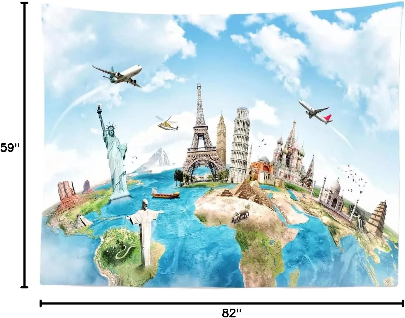 BELECO 7x5ft Fabric Around The World Global Travel Backdrop World Map New York Paris Eiffel Tower London Italy Egypt All Around World Backdrop Airplane World Travel Party Decorations Photoshoot Props