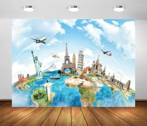 BELECO 7x5ft Fabric Around The World Global Travel Backdrop World Map New York Paris Eiffel Tower London Italy Egypt All Around World Backdrop Airplane World Travel Party Decorations Photoshoot Props