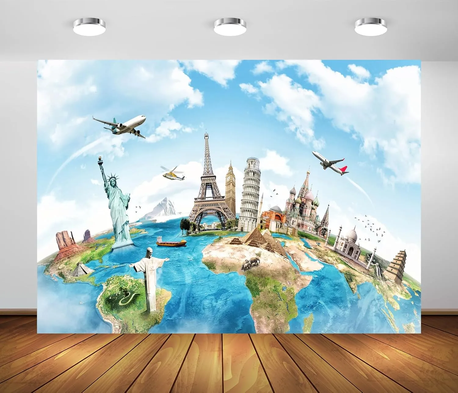 BELECO 7x5ft Fabric Around The World Global Travel Backdrop World Map New York Paris Eiffel Tower London Italy Egypt All Around World Backdrop Airplane World Travel Party Decorations Photoshoot Props