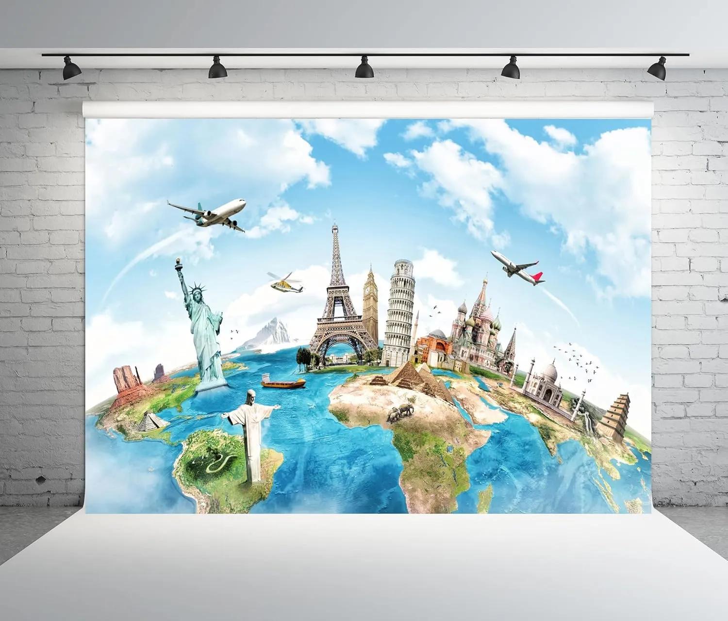 BELECO 7x5ft Fabric Around The World Global Travel Backdrop World Map New York Paris Eiffel Tower London Italy Egypt All Around World Backdrop Airplane World Travel Party Decorations Photoshoot Props
