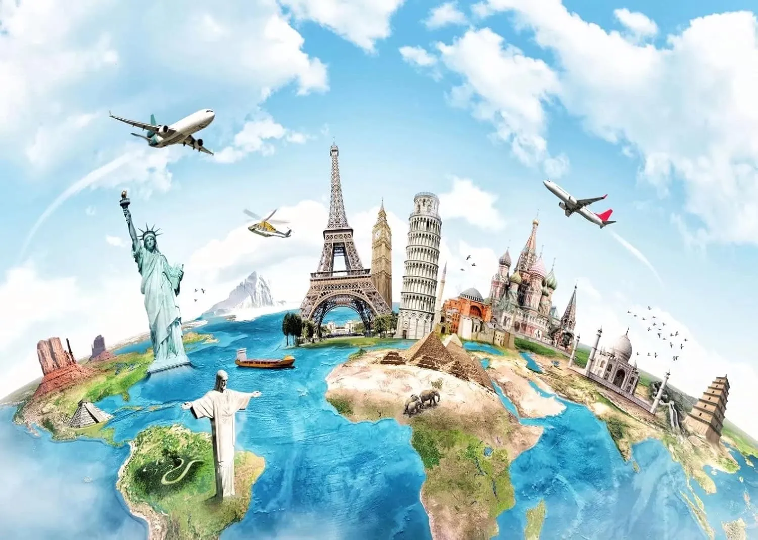 BELECO 7x5ft Fabric Around The World Global Travel Backdrop World Map New York Paris Eiffel Tower London Italy Egypt All Around World Backdrop Airplane World Travel Party Decorations Photoshoot Props