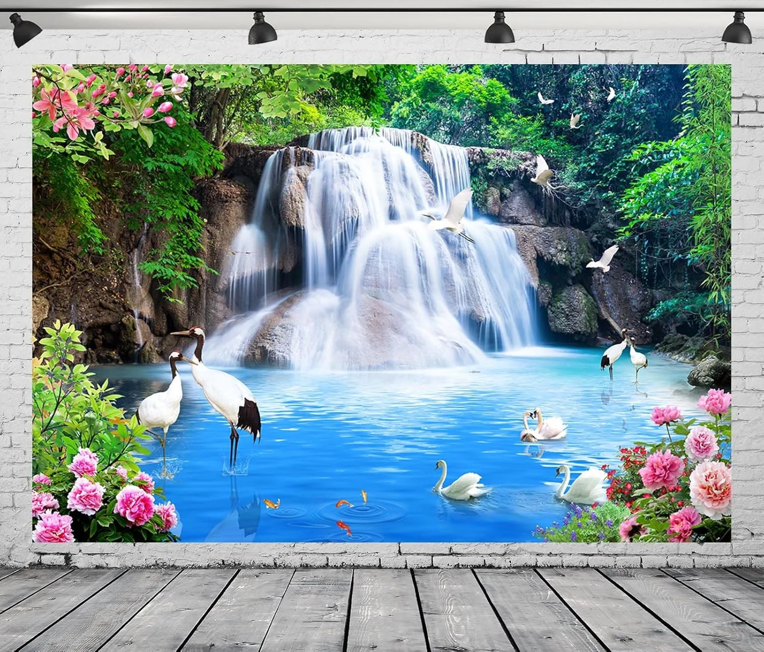 BELECO 7x5ft Fabric Blue Lake and Waterfall Backdrop for Photography Mountain Forest Great Falls Scenery Blue Water Crane Blooming Flowers Spring Garden Background Wall Mural Photo Studio Props