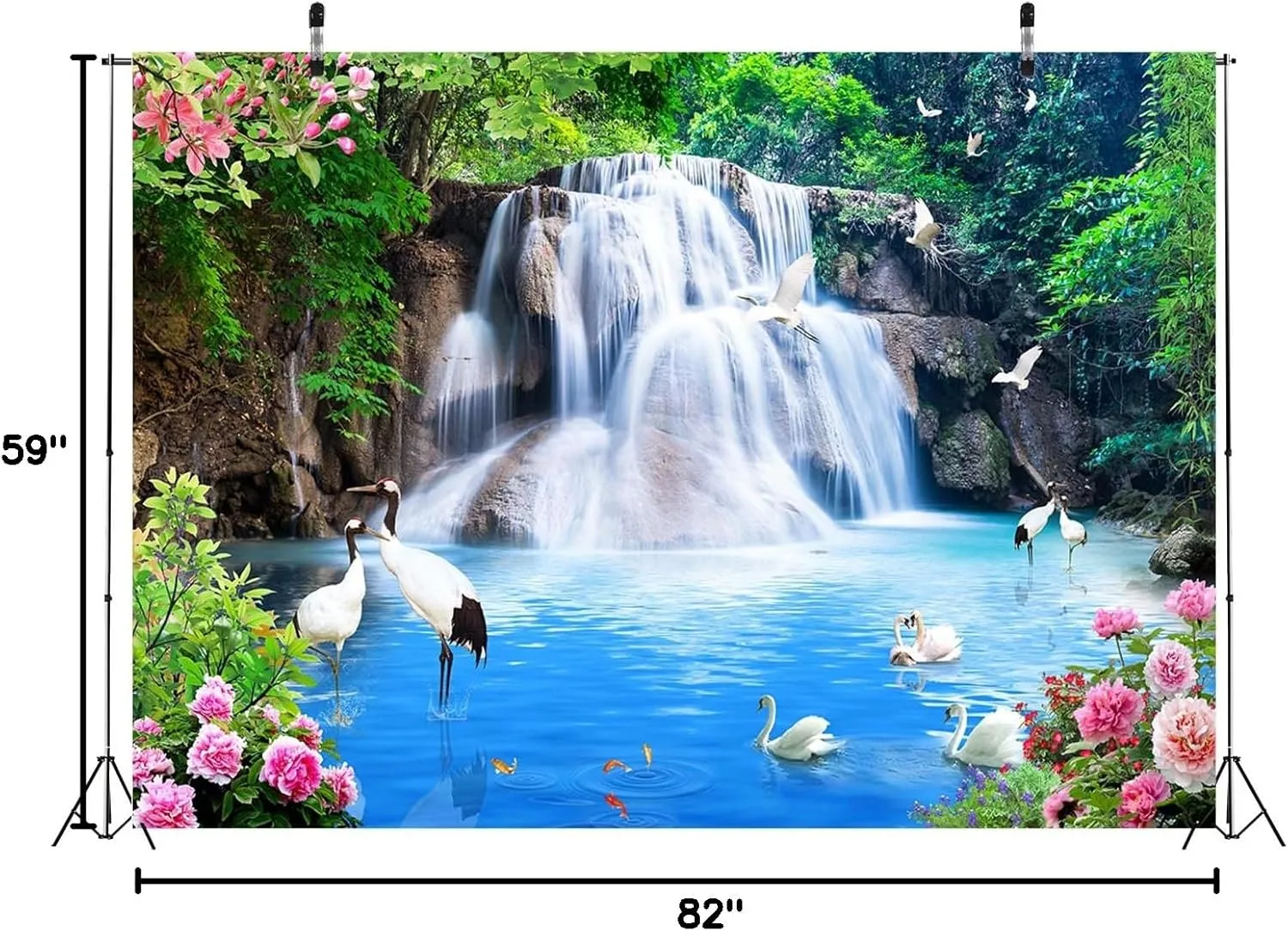BELECO 7x5ft Fabric Blue Lake and Waterfall Backdrop for Photography Mountain Forest Great Falls Scenery Blue Water Crane Blooming Flowers Spring Garden Background Wall Mural Photo Studio Props