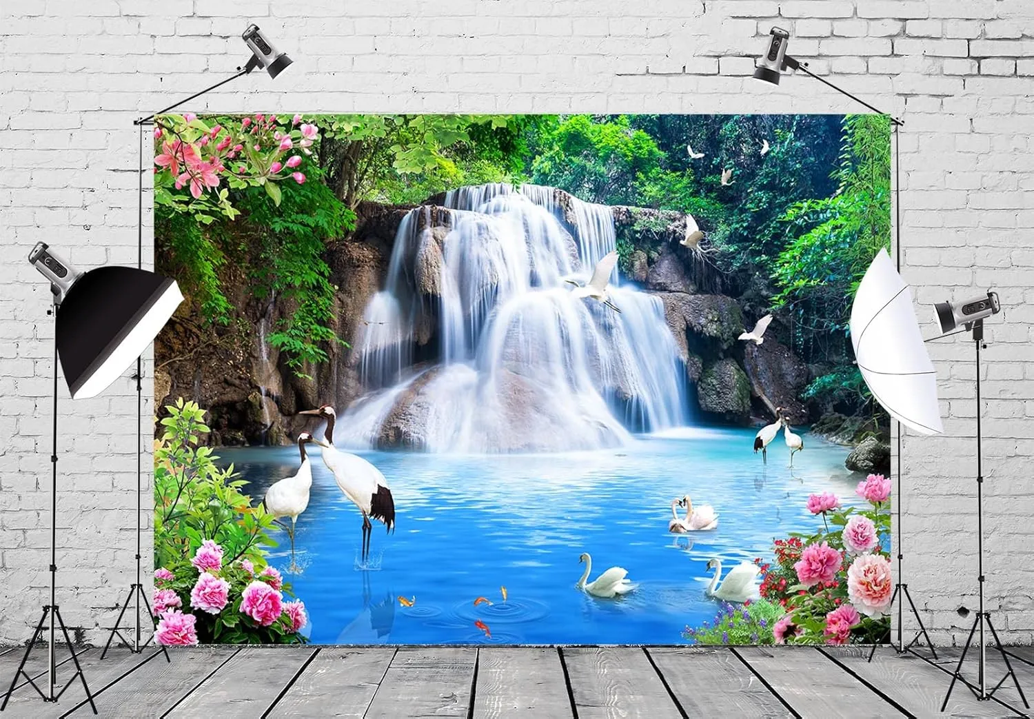 BELECO 7x5ft Fabric Blue Lake and Waterfall Backdrop for Photography Mountain Forest Great Falls Scenery Blue Water Crane Blooming Flowers Spring Garden Background Wall Mural Photo Studio Props