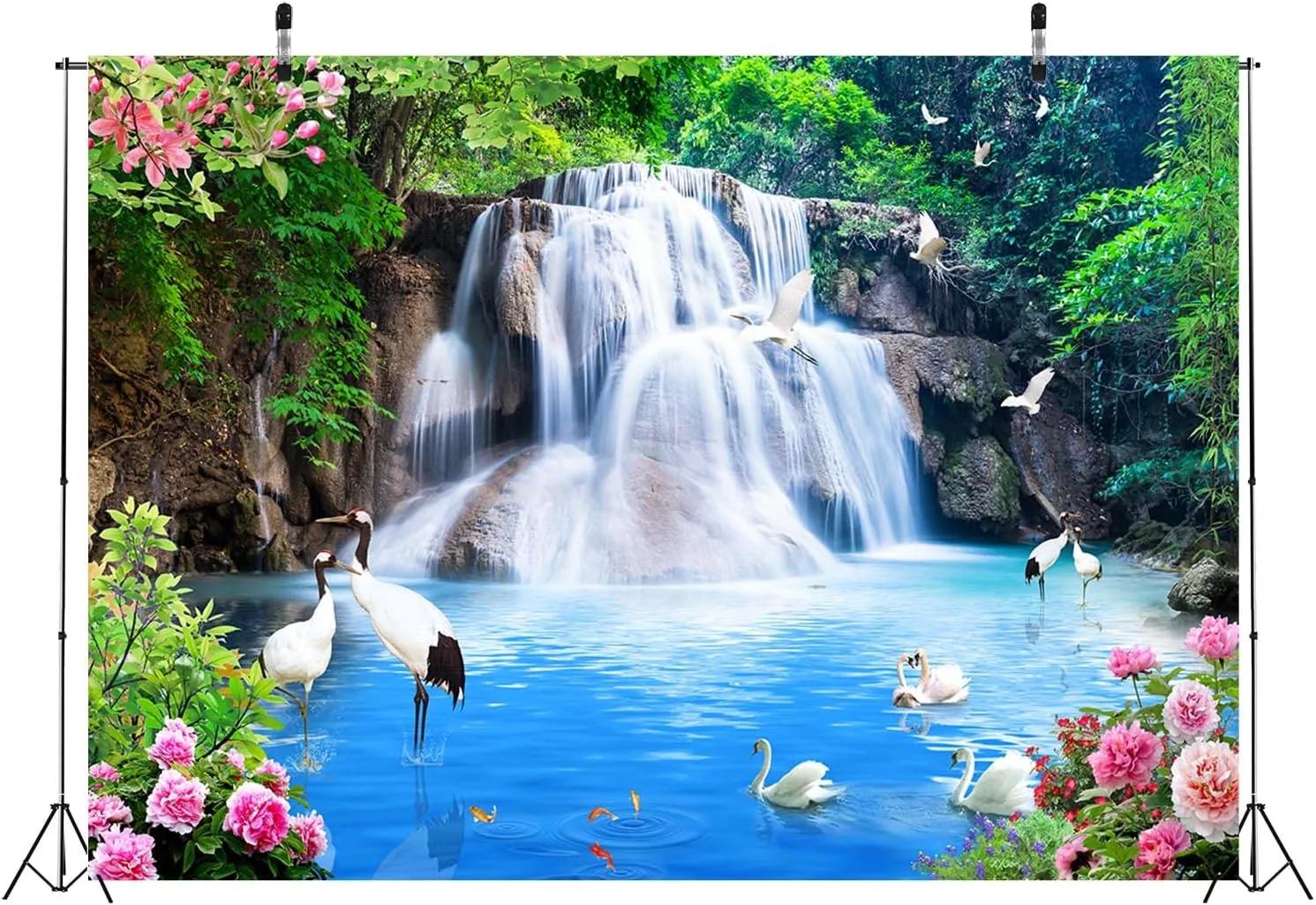 BELECO 7x5ft Fabric Blue Lake and Waterfall Backdrop for Photography Mountain Forest Great Falls Scenery Blue Water Crane Blooming Flowers Spring Garden Background Wall Mural Photo Studio Props