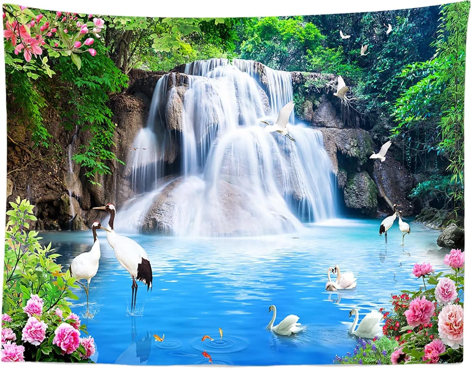 BELECO 7x5ft Fabric Blue Lake and Waterfall Backdrop for Photography Mountain Forest Great Falls Scenery Blue Water Crane Blooming Flowers Spring Garden Background Wall Mural Photo Studio Props
