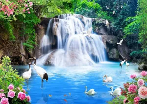 BELECO 7x5ft Fabric Blue Lake and Waterfall Backdrop for Photography Mountain Forest Great Falls Scenery Blue Water Crane Blooming Flowers Spring Garden Background Wall Mural Photo Studio Props