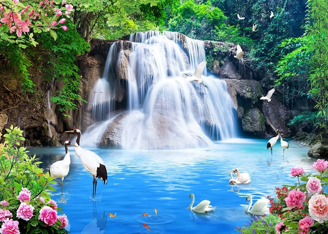 BELECO 7x5ft Fabric Blue Lake and Waterfall Backdrop for Photography Mountain Forest Great Falls Scenery Blue Water Crane Blooming Flowers Spring Garden Background Wall Mural Photo Studio Props