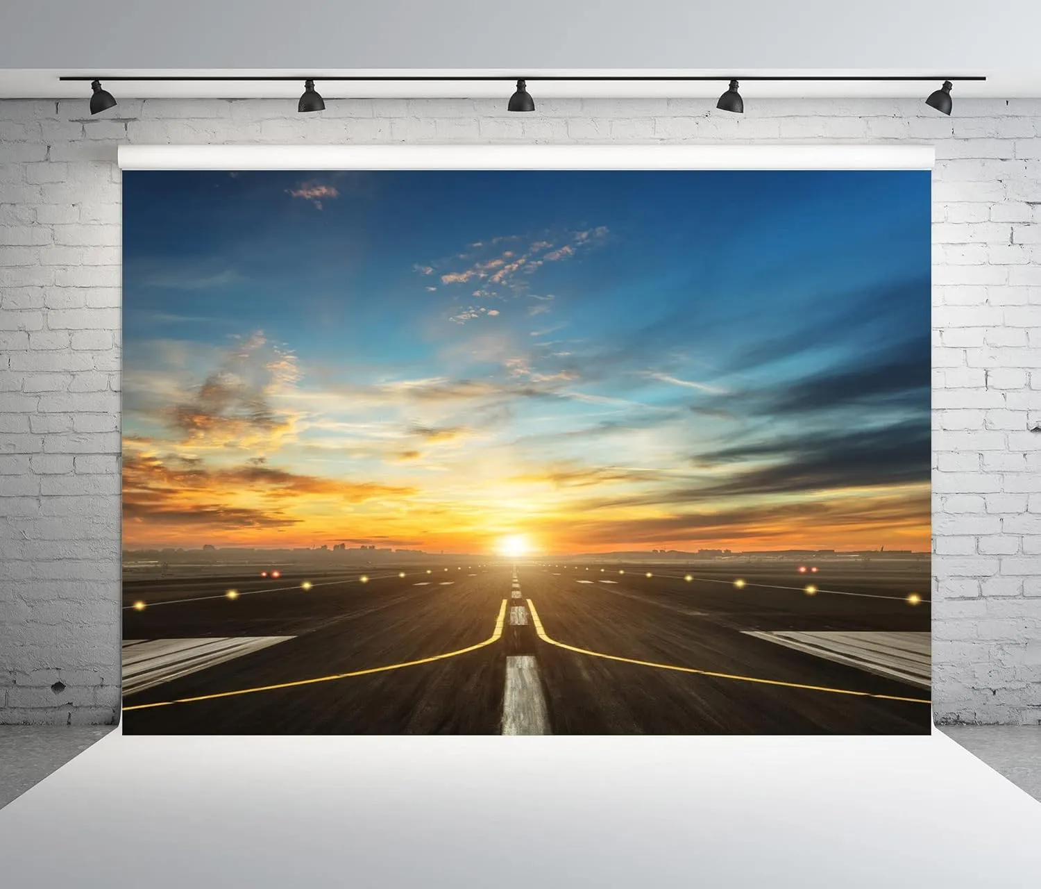BELECO 8x6ft Fabric Airport Runway Backdrops for Photography Airplane Takeoff and Landing Runway Sunset Scenery Photo Background for Party Decor Holiday Travel Photo Shoot Studio Photographers Props
