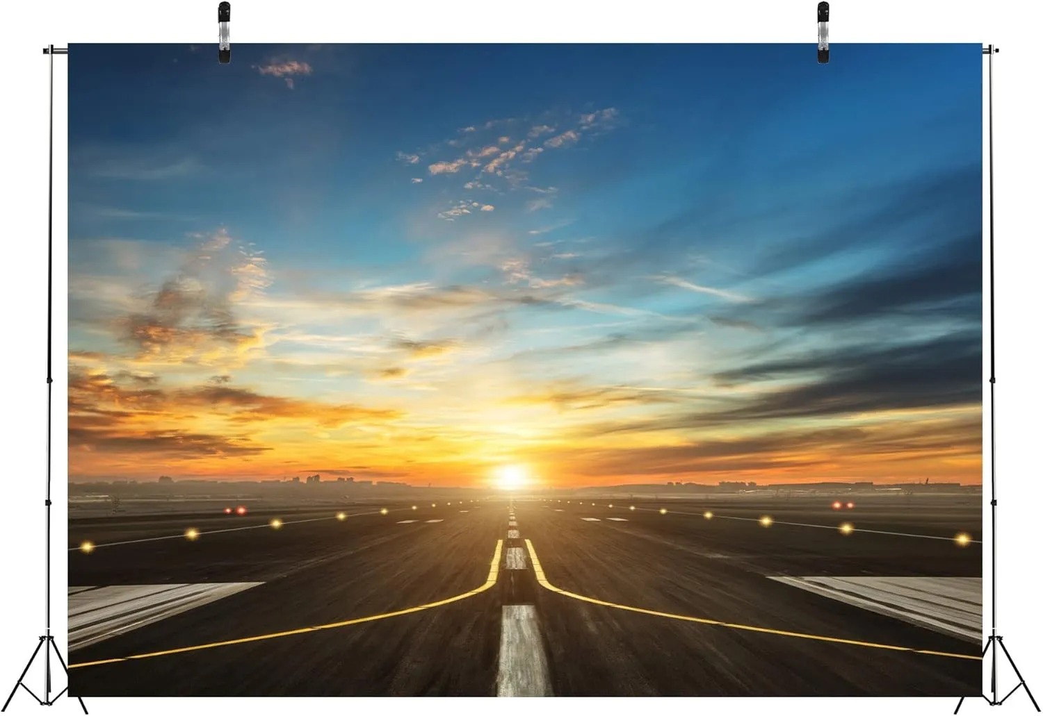 BELECO 8x6ft Fabric Airport Runway Backdrops for Photography Airplane Takeoff and Landing Runway Sunset Scenery Photo Background for Party Decor Holiday Travel Photo Shoot Studio Photographers Props