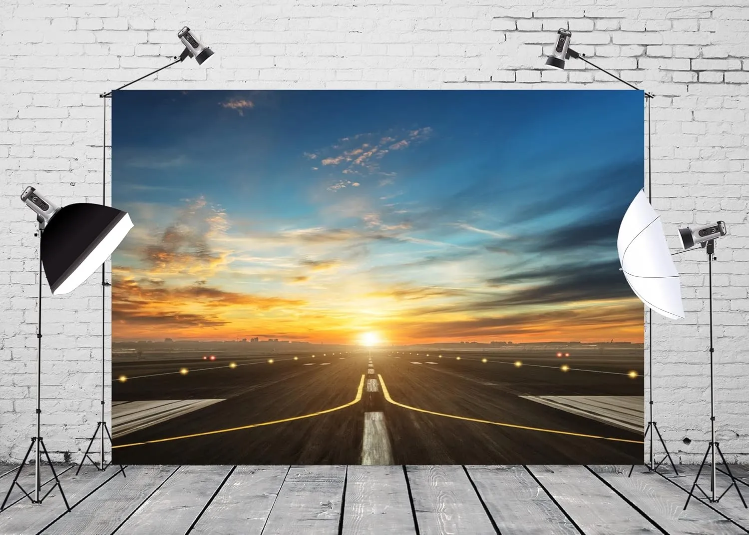BELECO 8x6ft Fabric Airport Runway Backdrops for Photography Airplane Takeoff and Landing Runway Sunset Scenery Photo Background for Party Decor Holiday Travel Photo Shoot Studio Photographers Props