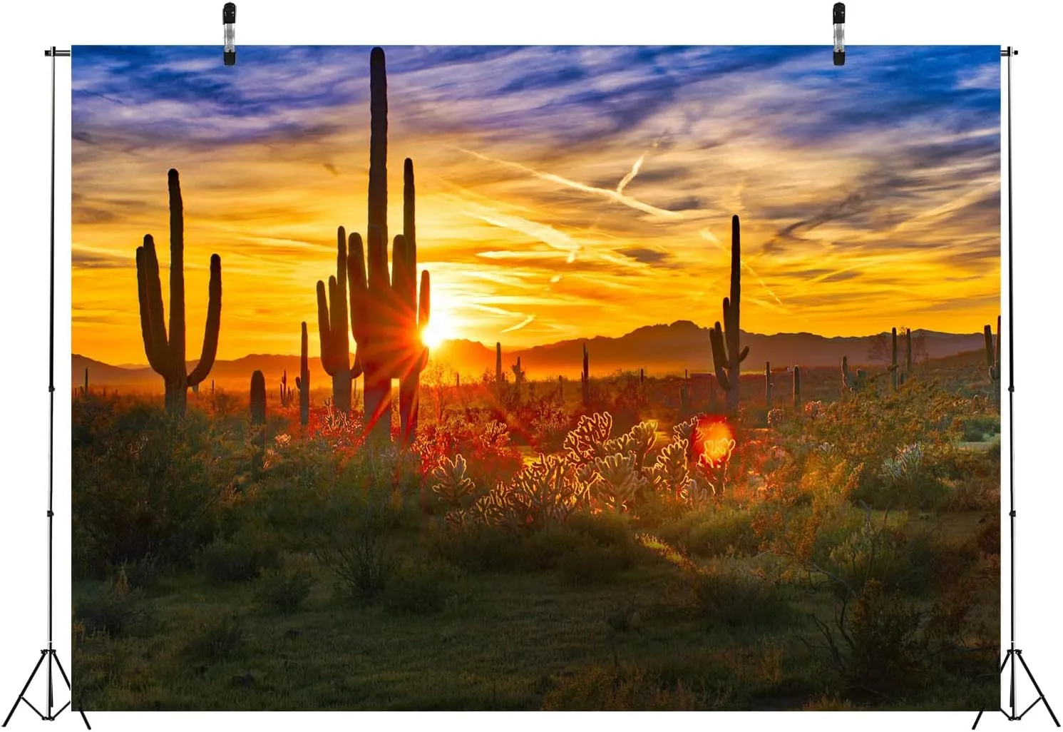 BELECO 8x6ft Fabric Arizona Desert Scenery Backdrop for Photography Saguaros Cactus Wilderness Mountains Sonoran Desert Sunset Background Western Desert Theme Party Decorations Photo Studio Props