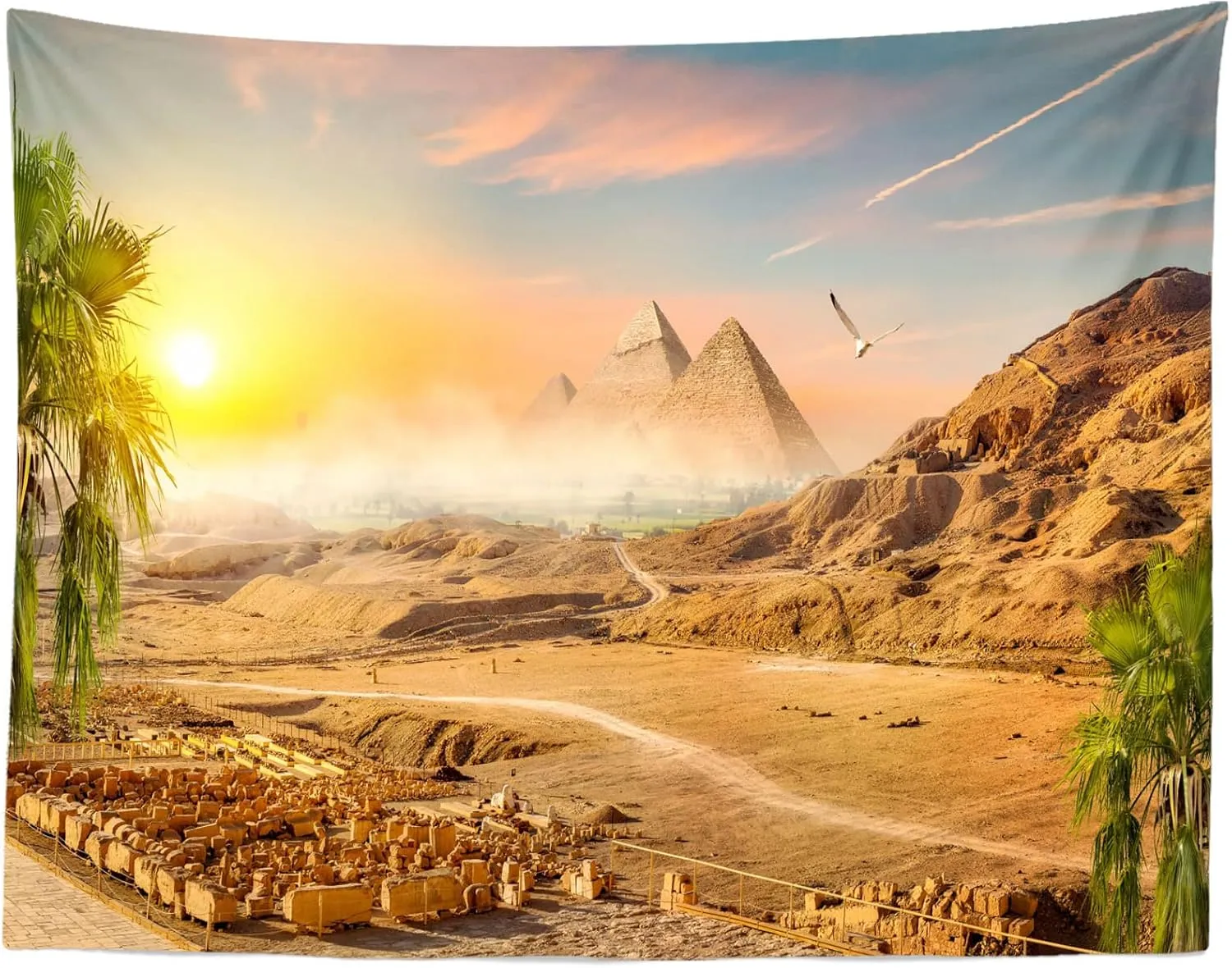 BELECO 8x6ft Fabric Egyptian Pyramid in Sand Desert Backdrop Desert Mountain Coconut Trees Sunset Scenery Ancient Civilization Egypt Photography Background Egyptian Party Decorations Photo Props