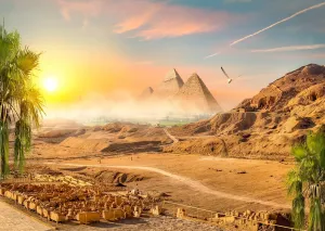 BELECO 8x6ft Fabric Egyptian Pyramid in Sand Desert Backdrop Desert Mountain Coconut Trees Sunset Scenery Ancient Civilization Egypt Photography Background Egyptian Party Decorations Photo Props