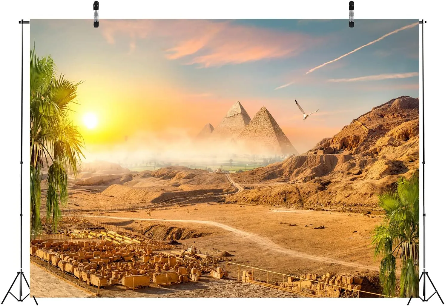 BELECO 8x6ft Fabric Egyptian Pyramid in Sand Desert Backdrop Desert Mountain Coconut Trees Sunset Scenery Ancient Civilization Egypt Photography Background Egyptian Party Decorations Photo Props