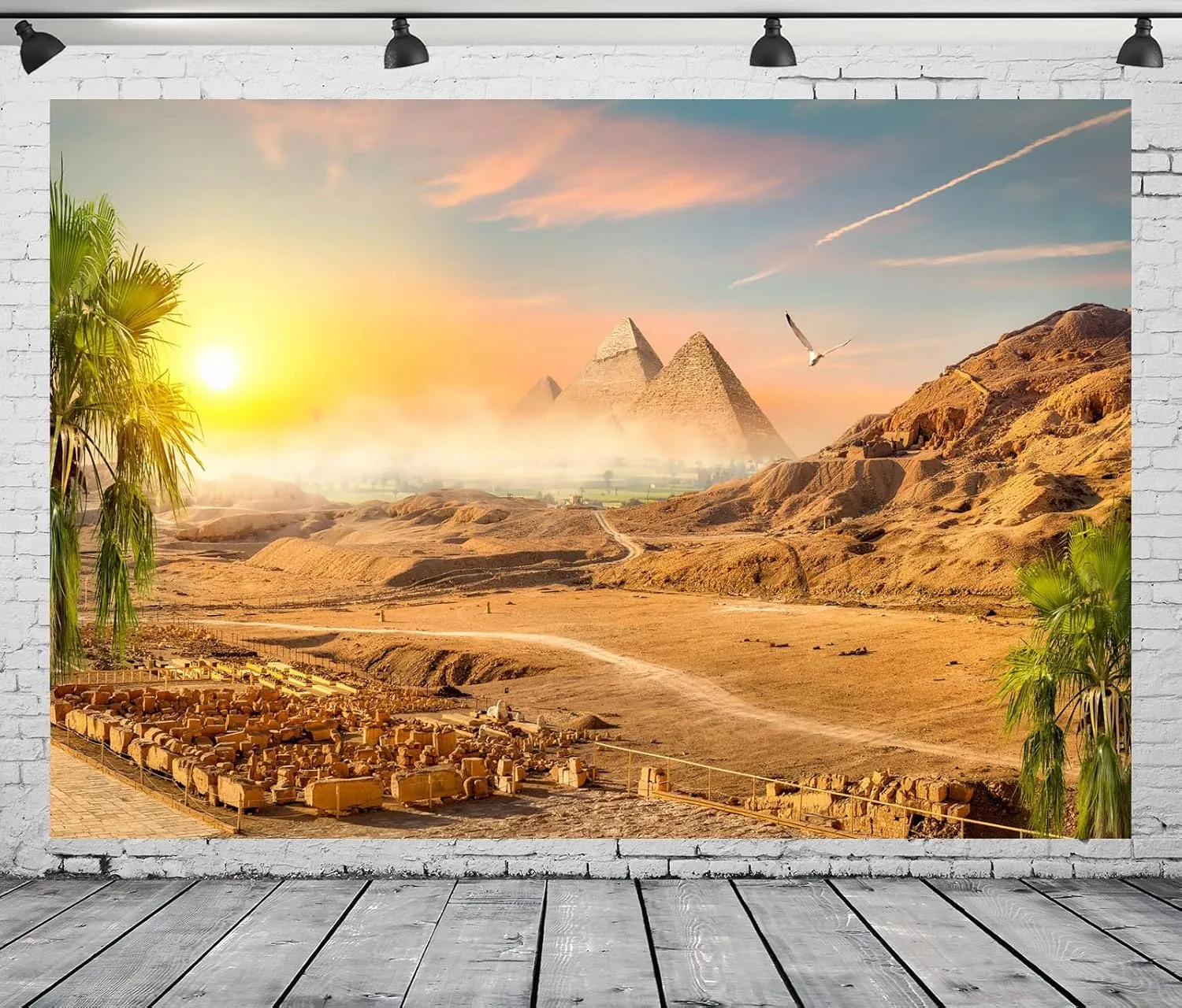 BELECO 8x6ft Fabric Egyptian Pyramid in Sand Desert Backdrop Desert Mountain Coconut Trees Sunset Scenery Ancient Civilization Egypt Photography Background Egyptian Party Decorations Photo Props