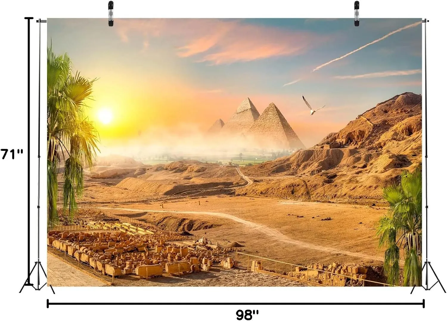 BELECO 8x6ft Fabric Egyptian Pyramid in Sand Desert Backdrop Desert Mountain Coconut Trees Sunset Scenery Ancient Civilization Egypt Photography Background Egyptian Party Decorations Photo Props
