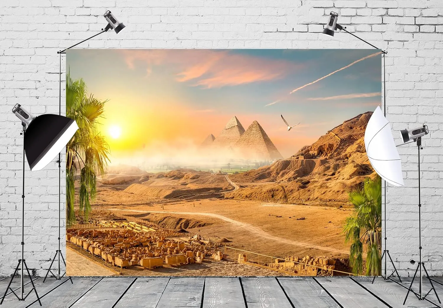 BELECO 8x6ft Fabric Egyptian Pyramid in Sand Desert Backdrop Desert Mountain Coconut Trees Sunset Scenery Ancient Civilization Egypt Photography Background Egyptian Party Decorations Photo Props