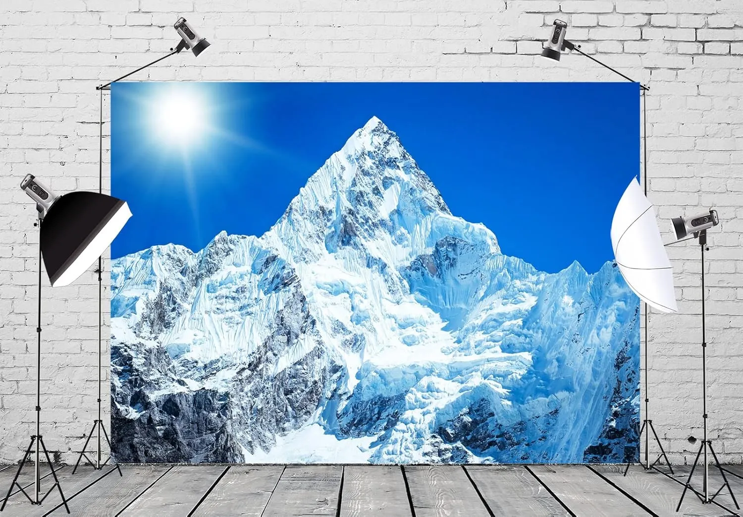 BELECO 9x6ft Fabric Snow Ice Mountains Photography Backdrop Mountain Peak Everest Nepal National Park Alpine Scenery Blue Sky Sunny Winter Background Outdoor Adventure Holiday Travel Photo Props