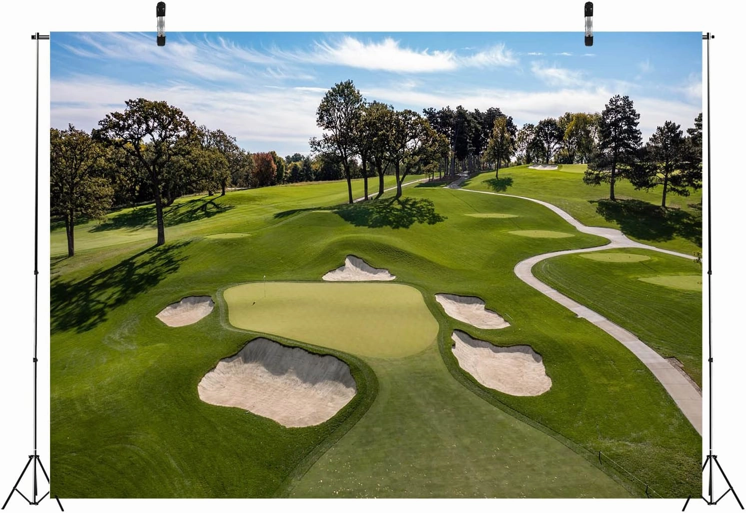 BELECO 10x6.5ft Fabric Golf Course Backdrop for Photography Green Grass Lawn Bunker Trees Blue Sky White Clouds Outdoor Golf Backdrop Golf Party Decorations Birthday Shoot Holiday Photo Studio Props