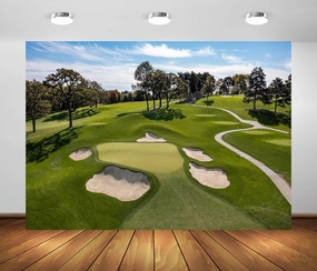 BELECO 10x6.5ft Fabric Golf Course Backdrop for Photography Green Grass Lawn Bunker Trees Blue Sky White Clouds Outdoor Golf Backdrop Golf Party Decorations Birthday Shoot Holiday Photo Studio Props