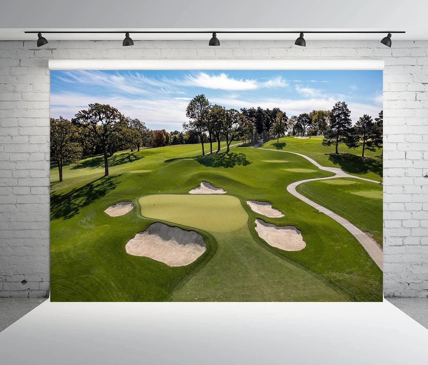 BELECO 10x6.5ft Fabric Golf Course Backdrop for Photography Green Grass Lawn Bunker Trees Blue Sky White Clouds Outdoor Golf Backdrop Golf Party Decorations Birthday Shoot Holiday Photo Studio Props