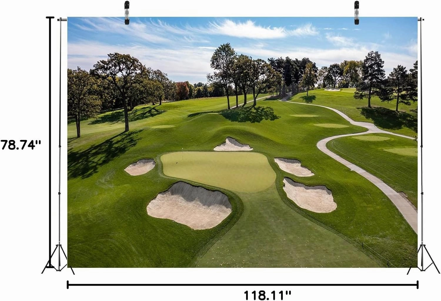 BELECO 10x6.5ft Fabric Golf Course Backdrop for Photography Green Grass Lawn Bunker Trees Blue Sky White Clouds Outdoor Golf Backdrop Golf Party Decorations Birthday Shoot Holiday Photo Studio Props