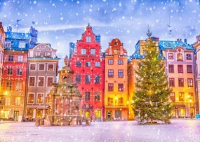 BELECO 10x8ft Fabric Stockholm Christmas Photography Backdrop Sweden Stortorget Square Old Town (Gamla Stan) Winter Snowflakes Background Christmas Holiday New Year Party Supplies Banner Photo Props