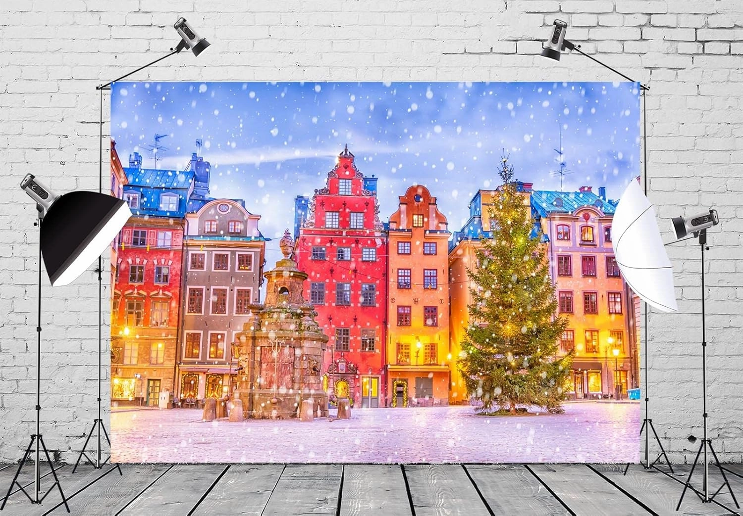 BELECO 10x8ft Fabric Stockholm Christmas Photography Backdrop Sweden Stortorget Square Old Town (Gamla Stan) Winter Snowflakes Background Christmas Holiday New Year Party Supplies Banner Photo Props