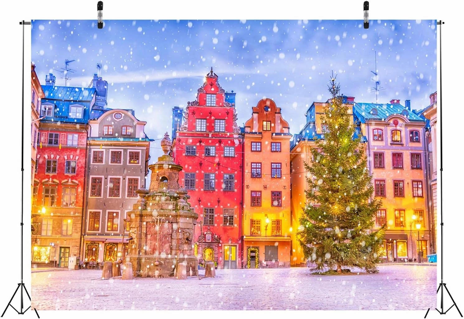 BELECO 10x8ft Fabric Stockholm Christmas Photography Backdrop Sweden Stortorget Square Old Town (Gamla Stan) Winter Snowflakes Background Christmas Holiday New Year Party Supplies Banner Photo Props