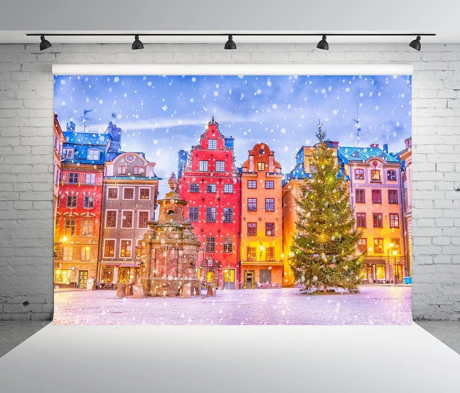 BELECO 10x8ft Fabric Stockholm Christmas Photography Backdrop Sweden Stortorget Square Old Town (Gamla Stan) Winter Snowflakes Background Christmas Holiday New Year Party Supplies Banner Photo Props