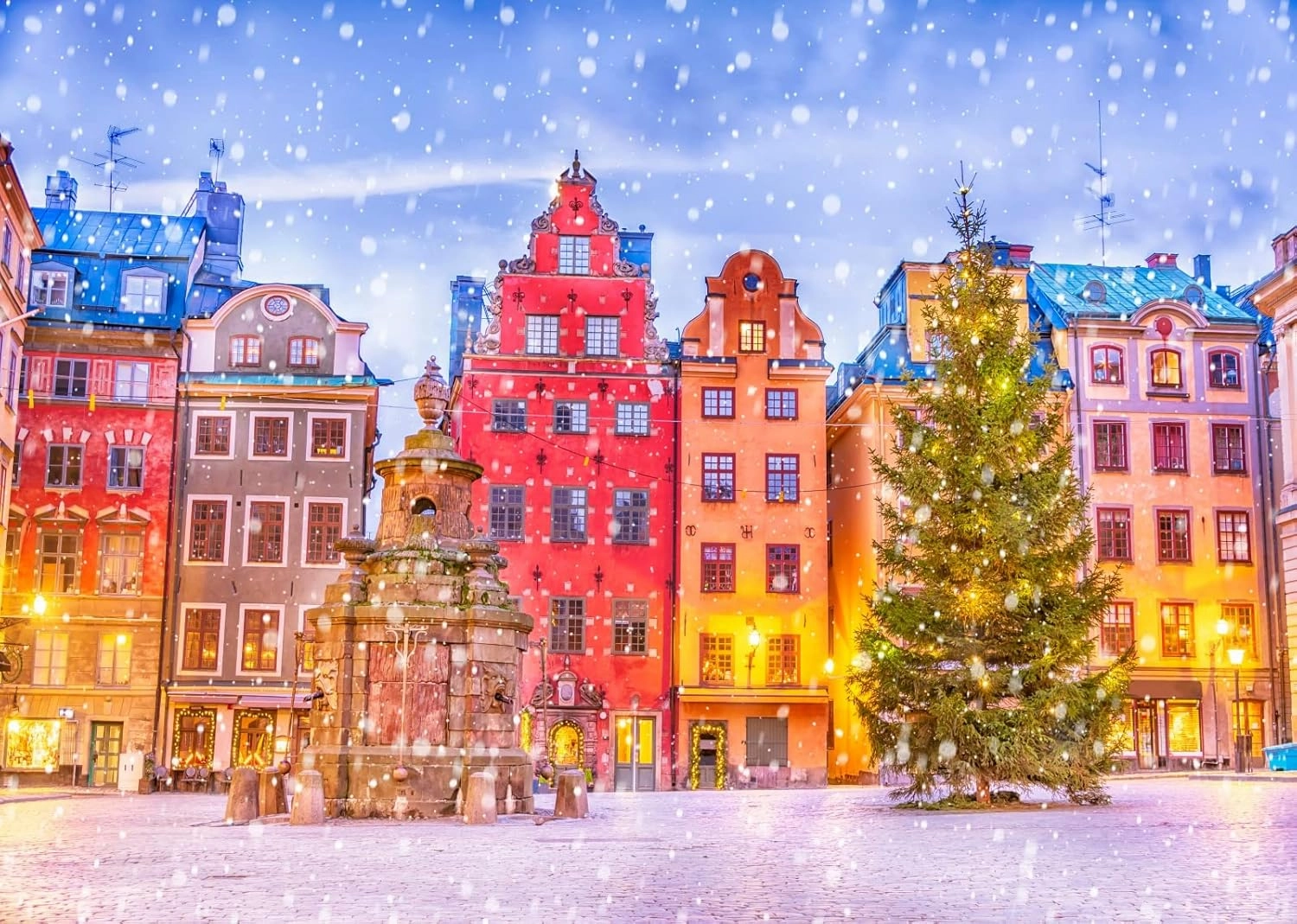 BELECO 10x8ft Fabric Stockholm Christmas Photography Backdrop Sweden Stortorget Square Old Town (Gamla Stan) Winter Snowflakes Background Christmas Holiday New Year Party Supplies Banner Photo Props