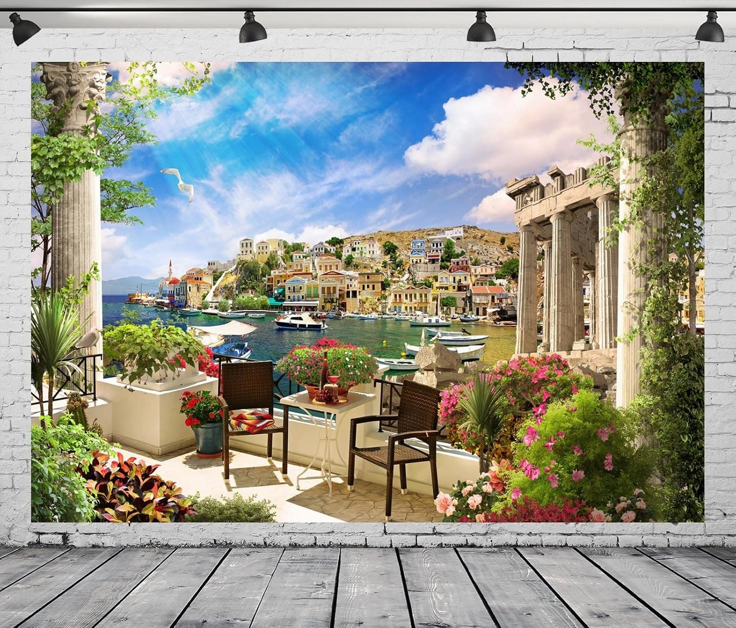 BELECO 12x8ft Fabric Europe Italy Photography Backdrop Tuscany Romantic Terrace View of Mediterranean Bay Boat Costal City Scenery Cafe Restaurant for Italian Theme Party Decorations Photo Props