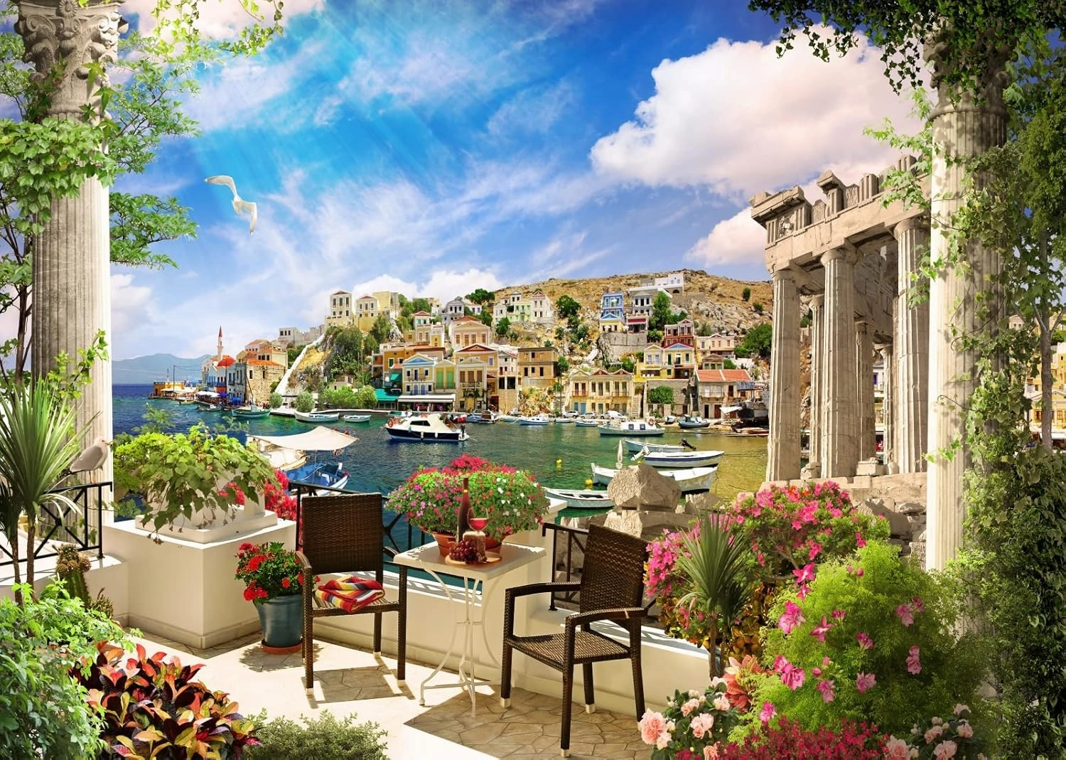 BELECO 12x8ft Fabric Europe Italy Photography Backdrop Tuscany Romantic Terrace View of Mediterranean Bay Boat Costal City Scenery Cafe Restaurant for Italian Theme Party Decorations Photo Props